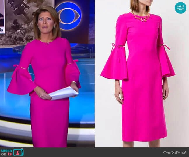 3/4 Flutter Sleeved Pencil Dress by Oscar de la Renta worn by Norah O'Donnell on CBS Evening News