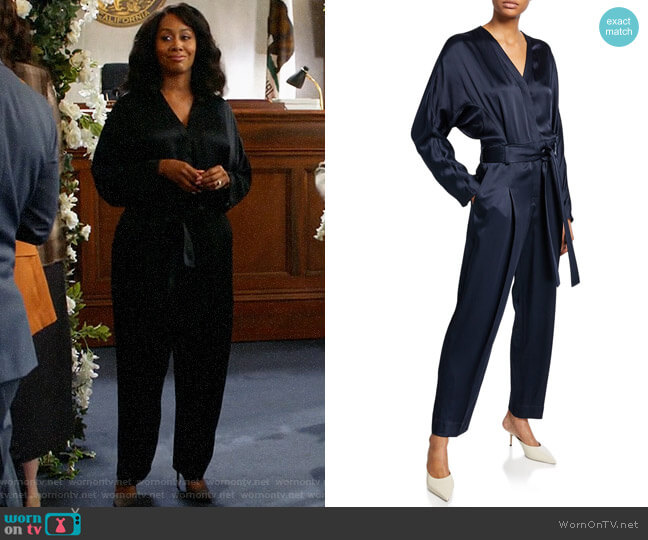 3.1 Phillip Lim Satin Menswear Belted Jumpsuit worn by Lola Carmichael (Simone Missick) on All Rise