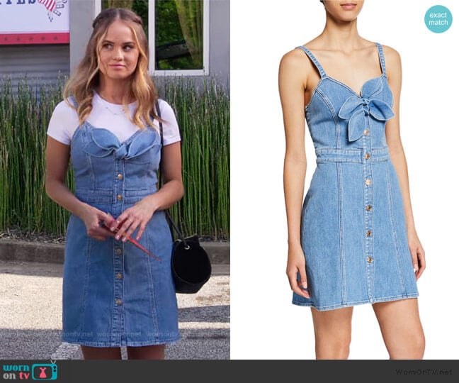 Double Bow-Front Sweetheart Sleeveless Denim Dress by 7 for all mankind worn by Patty Bladell (Debby Ryan) on Insatiable