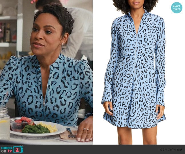 Marcella Zip-Front Leopard Short Dress by A.L.C. worn by Angela (Carly Hughes
) on American Housewife