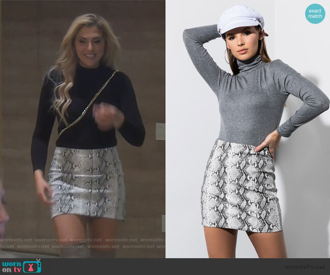 Snake of Fury Mini Skirt by Akira worn by Gina Kirschenheiter on The Real Housewives of Orange County