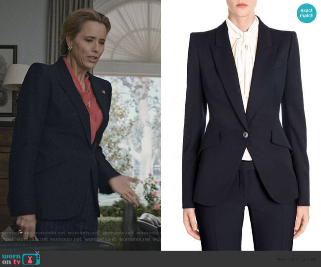 Peak Shoulder Blazer by Alexander McQueen worn by Elizabeth McCord (Téa Leoni) on Madam Secretary