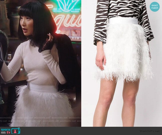 Feather Skirt by Alice + Olivia worn by Mei Lin (Poppy Liu) on Sunnyside