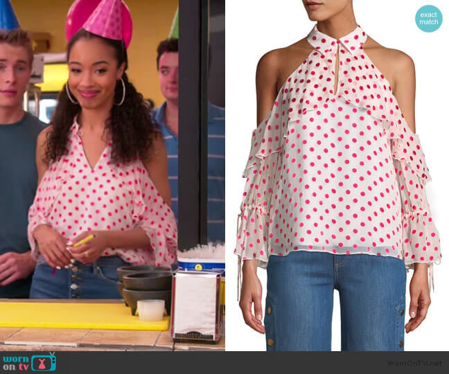 Blayne Cold Shoulder Ruffle Blouse by Alice + Olivia worn by Magnolia Barnard (Erinn Westbrook) on Insatiable