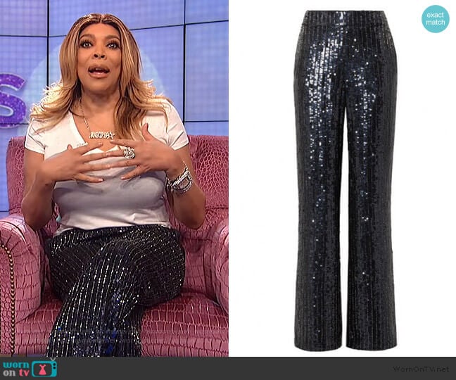 Midnight Blue Sequined Satin Wide Leg Pants by Alice + Olivia worn by Wendy Williams on The Wendy Williams Show