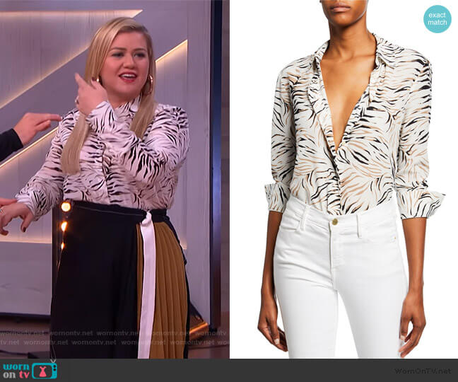 Chika Long-Sleeve Tiger-Print Shirt by Altuzarra worn by Kelly Clarkson  on The Kelly Clarkson Show