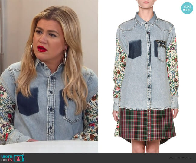 Floral-Sleeve Denim Shirtdress by Antonio Marras worn by Kelly Clarkson on The Kelly Clarkson Show