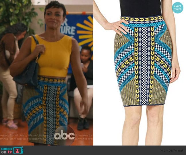 Mixed Geo Motif Pencil Skirt by BCBGMAXAZRIA worn by Angela (Carly Hughes
) on American Housewife