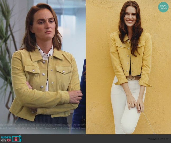 Cropped Suede Trucker Jacket by Anthropologie worn by Angie (Leighton Meester) on Single Parents