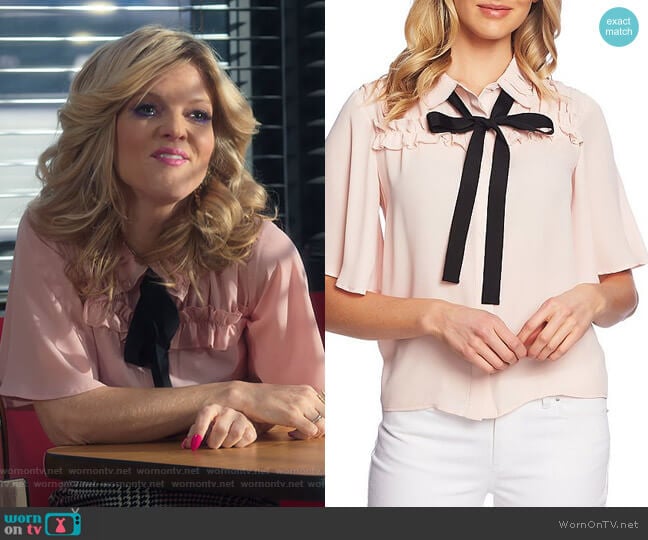 Short Sleeve Collared Ruffle Tie Neck Blouse by Cece worn by  Arden Myrin on Insatiable