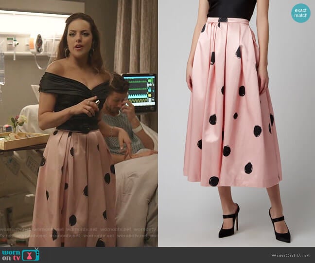 Polka-Dot Satin Midi Skirt by Christopher Kane worn by Fallon Carrington (Elizabeth Gillies) on Dynasty