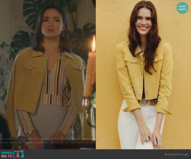 Cropped Suede Trucker Jacket by Anthropologie worn by Bess (Maddison Jaizani) on Nancy Drew