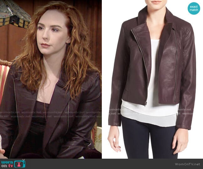 Cupcakes and Cashmere Joslyn Faux Leather Moto Jacket in Oxblood worn by Mariah Copeland (Camryn Grimes) on The Young and the Restless