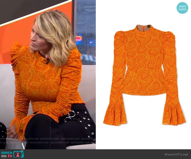 Puma Ruched Printed Georgette Top by De La Vali worn by Sara Haines on Good Morning America