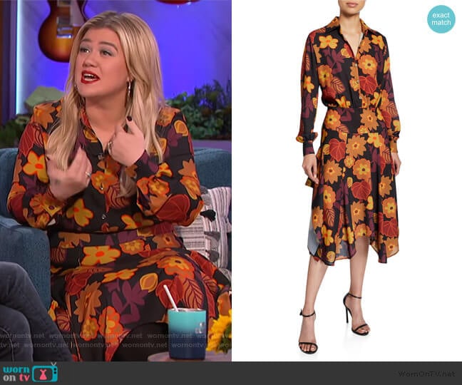 Natasha Asymmetrical Floral-Print Shirt Dress by Dodo Bar Or worn by Kelly Clarkson on The Kelly Clarkson Show