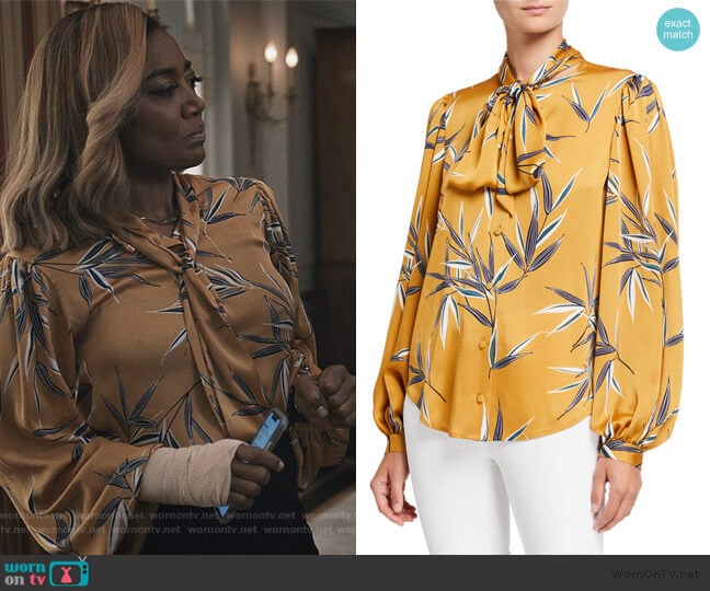 Cleone Printed Button-Front Tie-Neck Top by Equipment worn by Daisy Grant (Patina Miller) on Madam Secretary