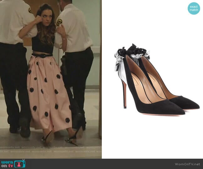 Fire Embellished Suede pumps by Aquazzura worn by Fallon Carrington (Elizabeth Gillies) on Dynasty