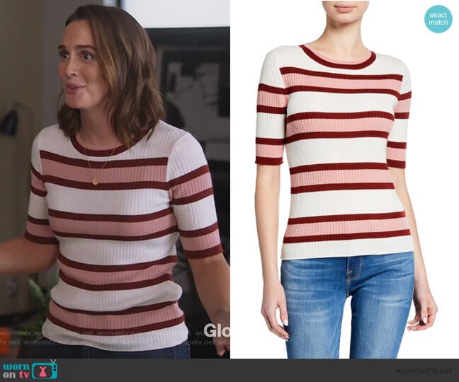 Panel Stripe Short-Sleeve Wool-Blend Sweater by Frame worn by Angie (Leighton Meester) on Single Parents