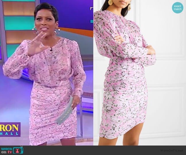 Ruched floral-print silk-chiffon mini dress by Giambattista Valli worn by Tamron Hall on Tamron Hall Show