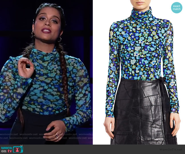 Mesh Floral Turtleneck Top by Ganni worn by Lilly Singh on A Little Late with Lilly Singh