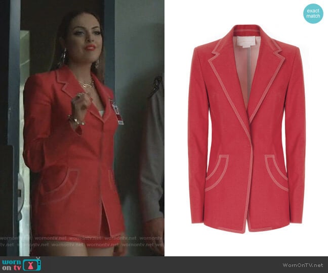 Single-Breasted Denim Tailored Jacket by Genny worn by Fallon Carrington (Elizabeth Gillies) on Dynasty