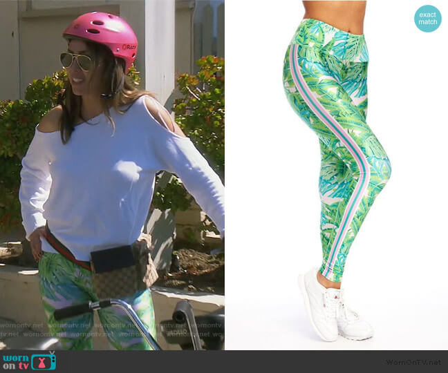 Green Stripe Palm Leggings by Goldsheep worn by Kelly Dodd  on The Real Housewives of Orange County