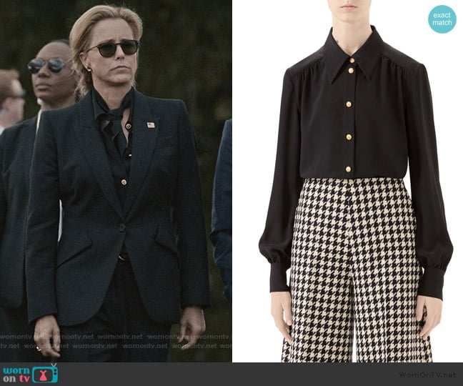 Silk Crepe de Chine Button-Front Blouse by Gucci worn by Elizabeth McCord (Téa Leoni) on Madam Secretary