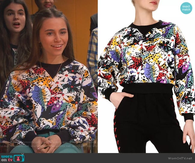 Honolulu Floral-Print Sweatshirt by The Kooples worn by Tess O'Malley (Sky Katz) on Ravens Home