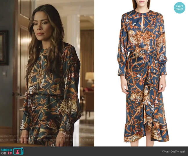 Jaguar Print Georgette Midi Dress by Johanna Ortiz worn by Cristal Jennings (Daniella Alonso) on Dynasty