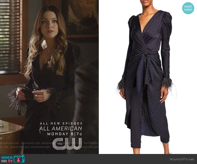 Dotted Feather-Cuff Skirt-Wrapped Jumpsuit by Johanna Ortiz worn by Fallon Carrington (Elizabeth Gillies) on Dynasty