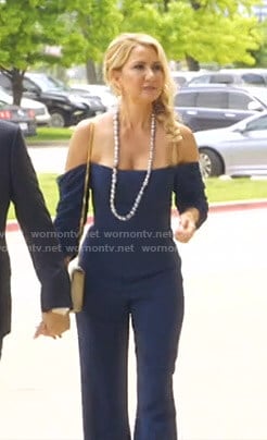 Kary's navy off-shoulder jumpsuit on The Real Housewives of Dallas