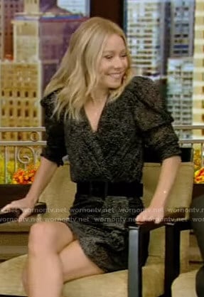 Kelly’s black dotted ruffled mini dress on Live with Kelly and Ryan