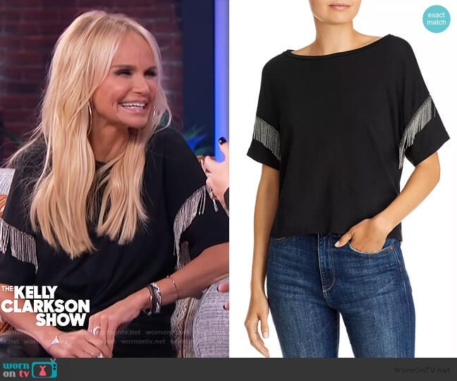 Shimmy Chain-Fringed Tee by LNA worn by Kristin Chenoweth on the Kelly Clarkson Show