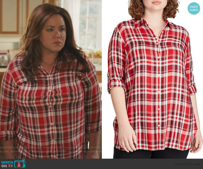 Plus Relaxed-Fit Plaid Twill Button-Down Shirt by Lauren Ralph Lauren worn by Katie Otto (Katy Mixon) on American Housewife