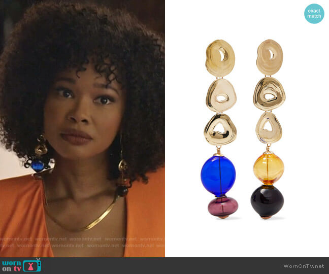 Gumdrop Long Gold-Tone and Glass Earrings by Leigh Miller worn by Monica Colby (Wakeema Hollis) on Dynasty