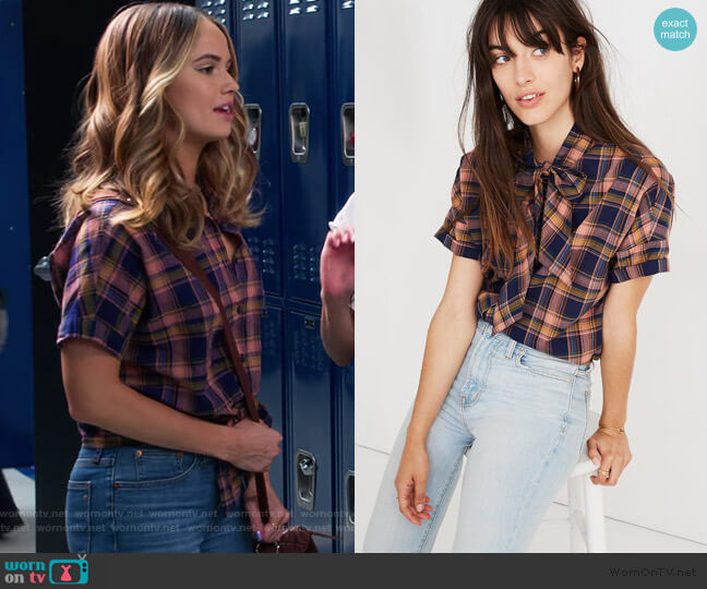 Short-Sleeve Tie-Neck Shirt in Junipero Plaid by Madewell worn by Patty Bladell (Debby Ryan) on Insatiable