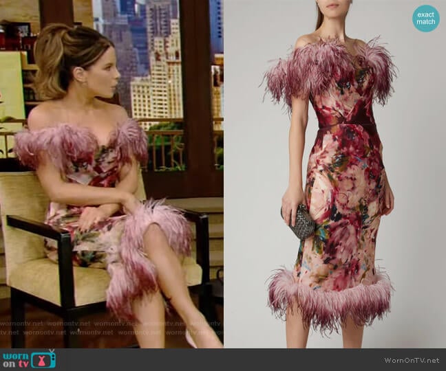 Feather-Trimmed Floral-Print Silk Dress by Marchesa worn by Kate Beckinsale on Live with Kelly and Ryan