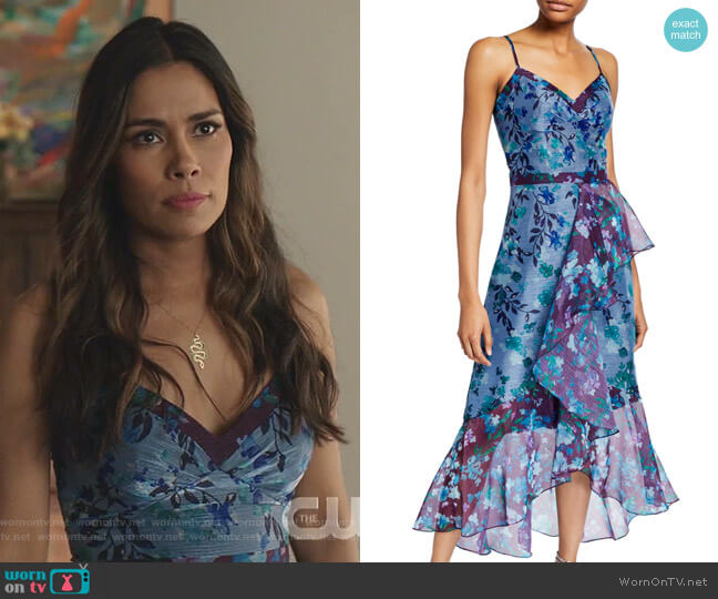 Colorblock Floral Organza Sleeveless High-Low Side-Ruffle Gown by Marchesa Notte worn by Cristal Jennings (Daniella Alonso) on Dynasty