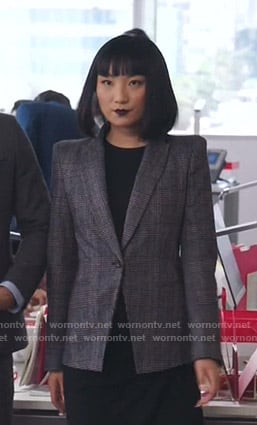 Mei's grey plaid blazer on Sunnyside