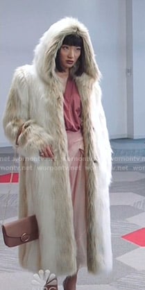 Mei's white hooded fur coat on Sunnyside