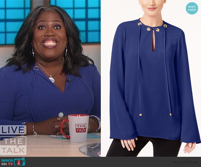 Embellished Grommet Tie-Neck Top by MICHAEL Michael Kors worn by Sheryl Underwood on The Talk