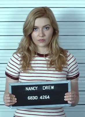 Nancy’s white and red striped ringer tee on Nancy Drew