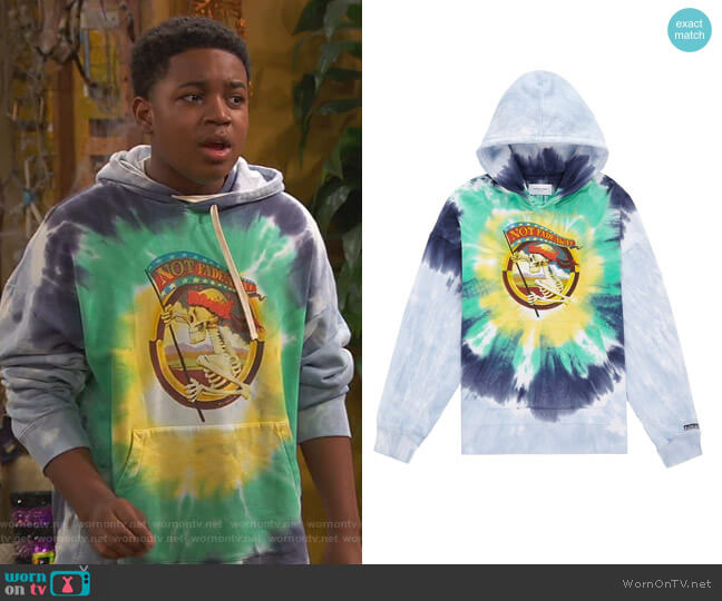 Stanley Mouse Not Fade Away Tie Dye Hoodie by Ovadia and Son worn by Booker Baxter (Issac Ryan Brown) on Ravens Home