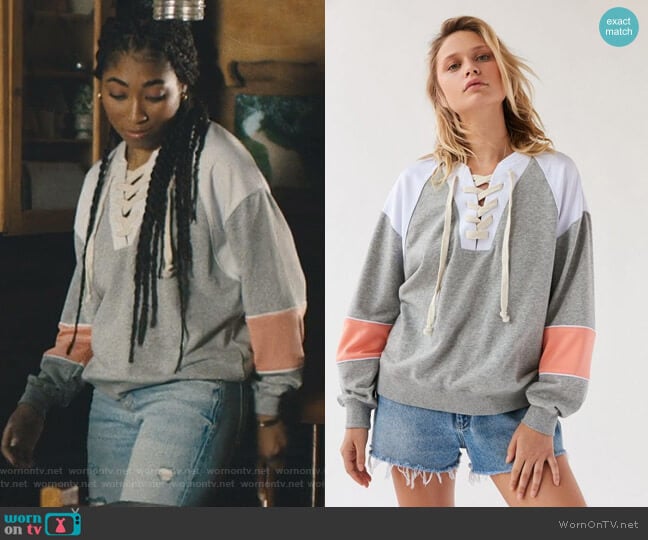 Colorblock Lace-Up Crew Neck Sweatshirt by Out From Under worn by Peri (Adriyan Rae) on Light as a Feather