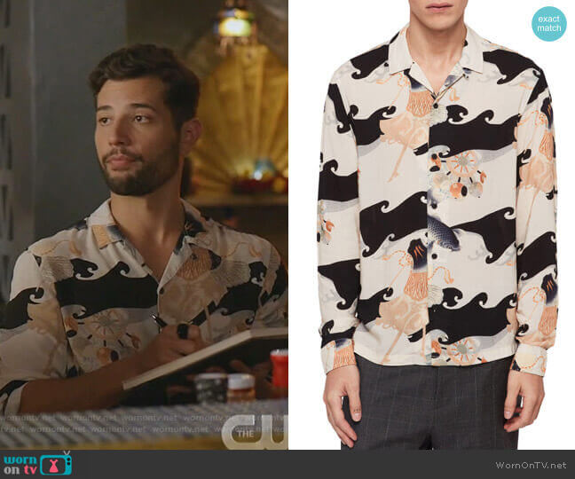 Pisces Slim Fit Print Button-Up Camp Shirt by All Saints worn by Sam Flores (Rafael de la Fuente) on Dynasty