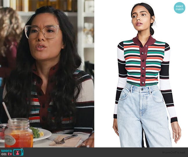 Ribbed Rugby Striped Turtleneck Sweater by Proenza Schouler worn by Doris (Ali Wong) on American Housewife