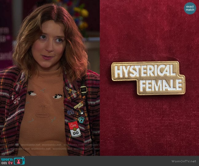 Hysterical Female Pin by Rachel Antonoff worn by Nonnie Thompson (Kimmy Shields) on Insatiable