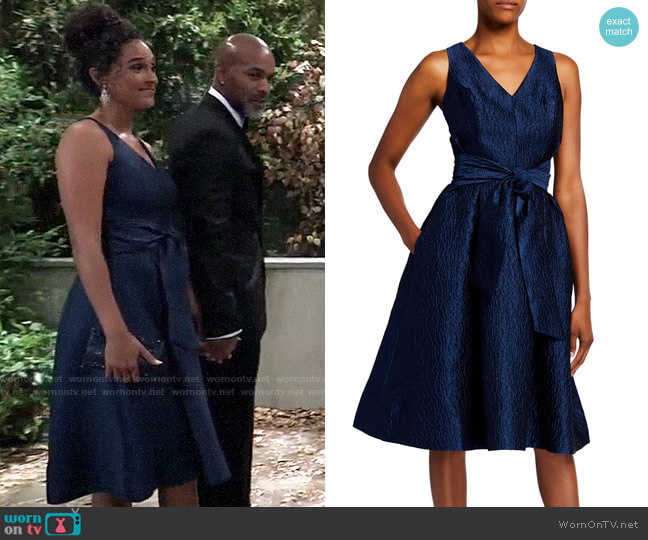 Rickie Freeman for Teri Jon V-Neck Sleeveless Jacquard Dress with Sash Belt worn by Jordan Ashford (Briana Nicole Henry) on General Hospital