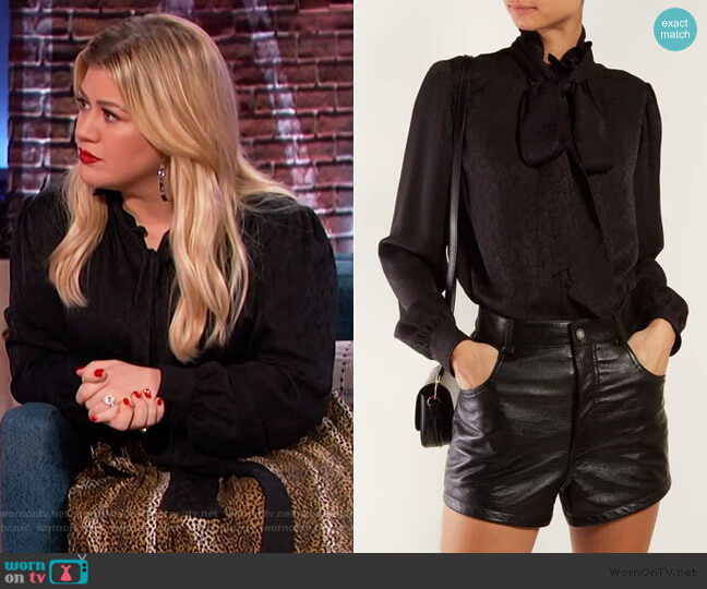 Black Pussy-Bow Blouse by Saint Laurent worn by Kelly Clarkson  on The Kelly Clarkson Show