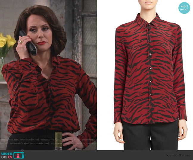 Tiger-Print Silk Crêpe De Chine Blouse by Saint Laurent worn by Karen Walker (Megan Mullally) on Will and Grace